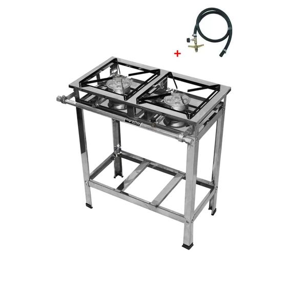 Imagem de Fogão Industrial 2 Bocas  Alta Pressão Em Aço Inox Grelhas 30x30 Perfil 04 Com Kit Gás Incluso