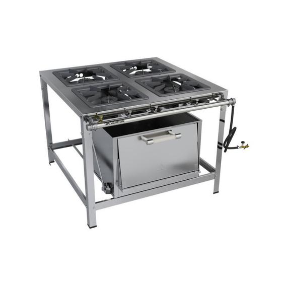 Imagem de Fogão Industrial 4 Bocas 40x40 Com Forno Alta Pressão Luxo Aço Inox 304 Metalmaq