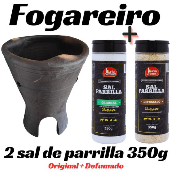 Imagem de Fogareiro Barro Cerâmica Grande Preto Cinza Rústico Carvão Lenha Álcool + 2 Sal de Parrilla Defumado e Original 350g