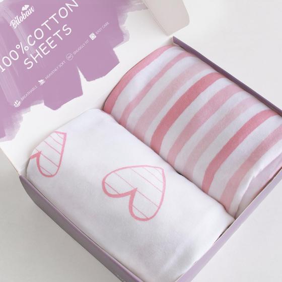 Imagem de Folhas de bassinet compatíveis com MiClassic 2in1 Stationary&Rock Bassinet, (2 Pack), 100% Jersey Knit Cotton Fitted Sheets, Mild Pink Stripes e Hearts Print for Baby Girls