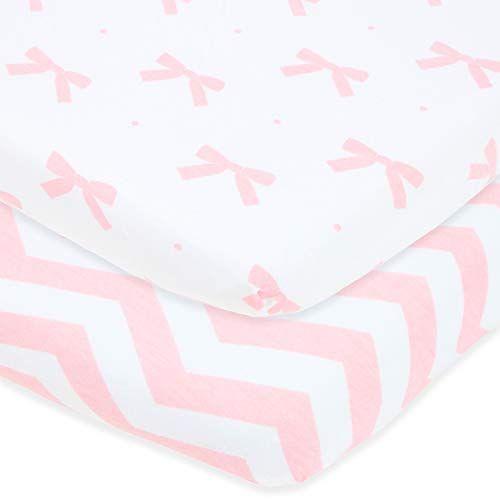 Imagem de Folhas de berço sleeper bedside  Compatível com Milliard Side Sleeper  Encaixa 21 x 36 Colchão Sem Agrupamento  Algodão de Jersey Macia Snuggly  Laços Rosa, Chevron  2 Pacote