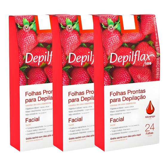 Imagem de Folhas Prontas Faciais Depilflax Morango 3 CX/ 24 Und