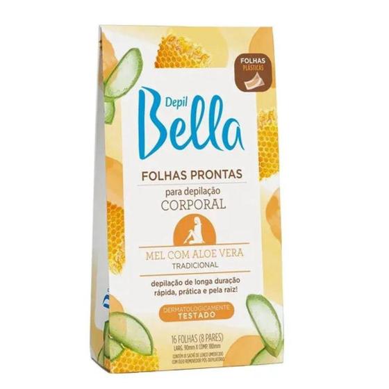 Imagem de Folhas Prontas para Depilação Corporal Depil Bella Mel com Aloe Vera - 16 Folhas (8 pares)