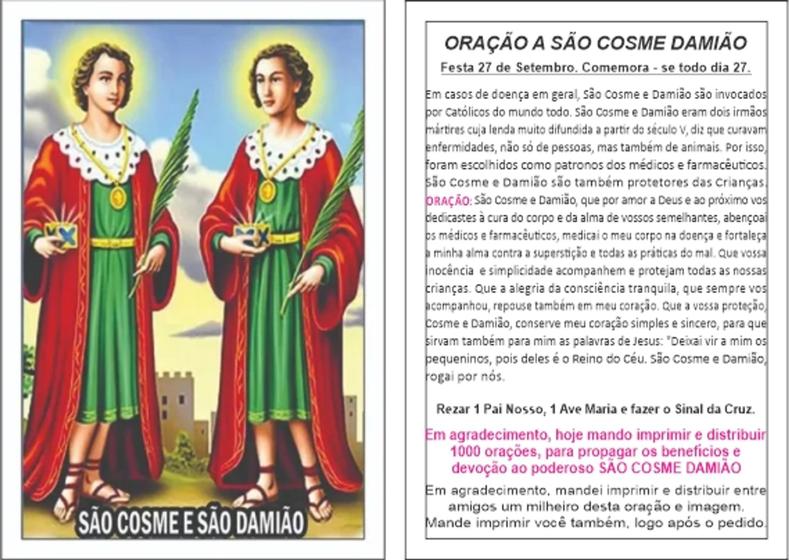 Folheto Santinho Oração Promessa Cosme e Damião 100 Unidades - Sampa ...