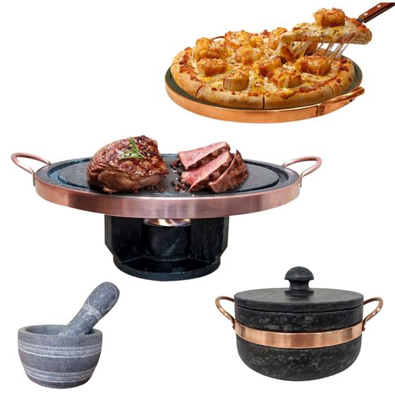 Imagem de Fondue 23cm+ Panela 800ml+ Forma para Pizza 23cm+ Pilão Almofariz Curado