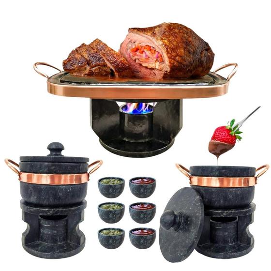 Imagem de Fondue Retangular Pedra Sabão + 2 Fondue 500ml + 6 Tigelas Curado