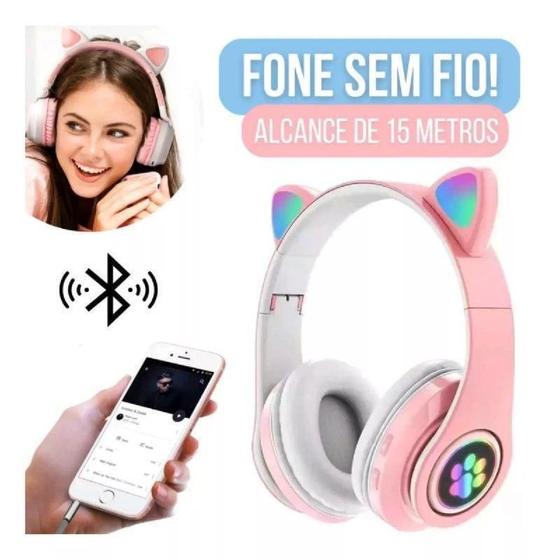 Imagem de Fone Bluetooth Gatinho Rosa  Sem Fio  7h Bateria  LED