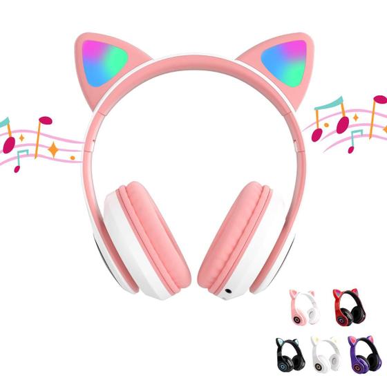 Imagem de Fone Bluetooth Infantil Gatinho com LED Rosa Sem Fio