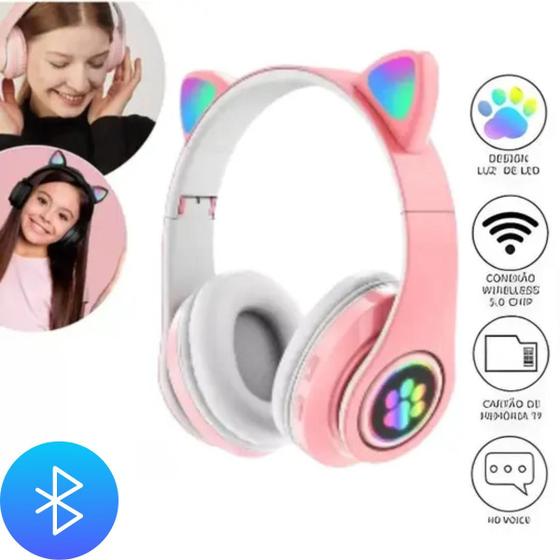 Imagem de Fone Bluetooth Infantil Rosa com Orelha de Gato e LED Colorido