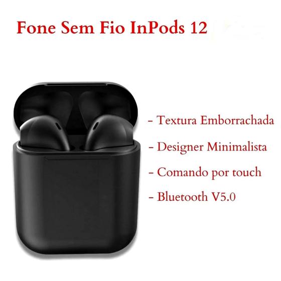 Imagem de Fone Bluetooth Inpods 12 Preto Stereo V5.0 Android Ios Bt5.0