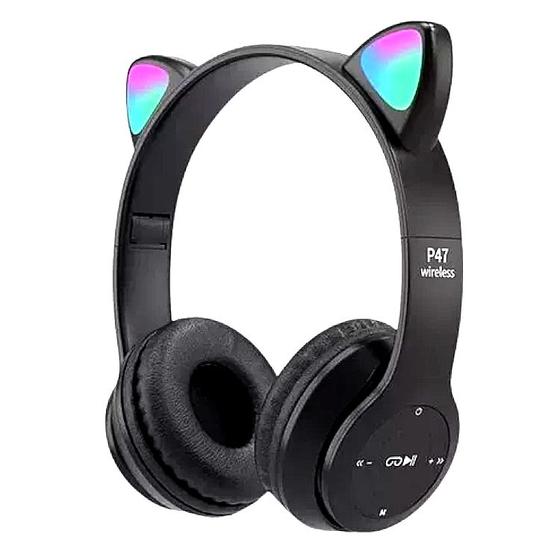 Imagem de Fone de Gatinho Orelha com Led Sem fio com Microfone de Gato Preto