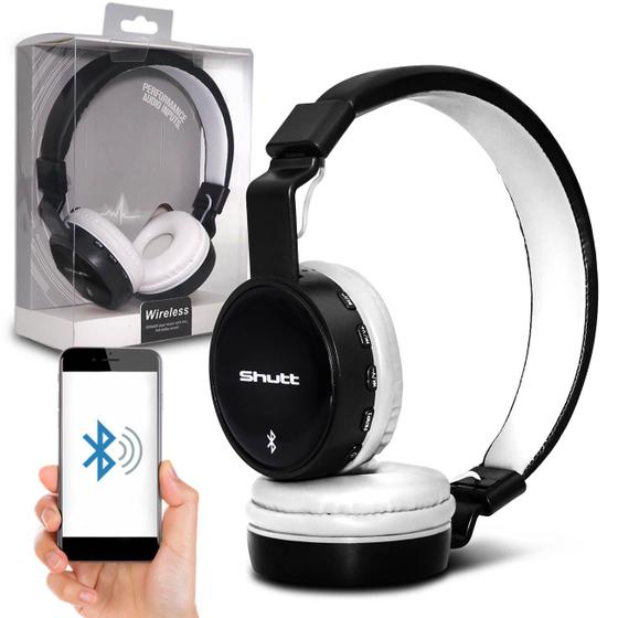 Imagem de Fone de Ouvido Bluetooth Shutt Basic Sem Fio Entrada P2 SD Rádio FM MP3 Preto Com Branco