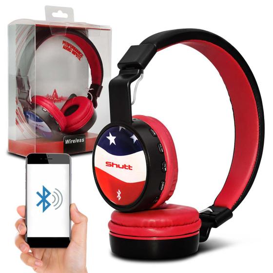 Imagem de Fone de Ouvido Bluetooth Shutt EUA Sem Fio Entrada P2 SD Rádio FM MP3 Vermelho Com Preto