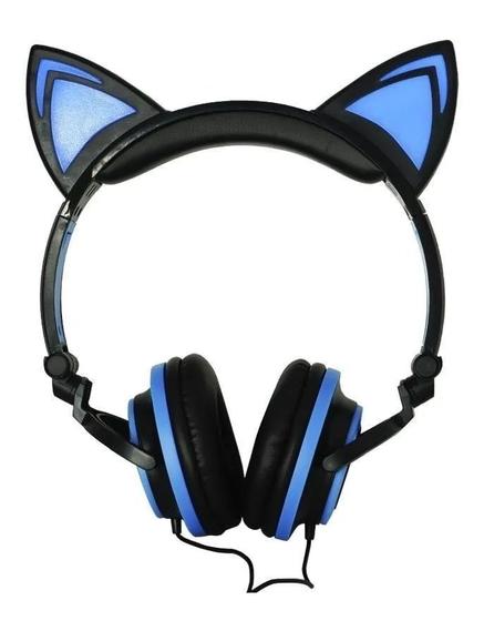 Imagem de Fone de ouvido Com Fio Orelha Gatinho com Leds Exbom HF-C22 preto e azul.