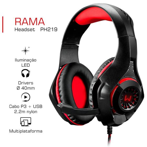 Imagem de Fone de Ouvido com Microfone Multilaser Rama PH219 Headset Gamer para PC Xbox One PS4 Preto Vermelho