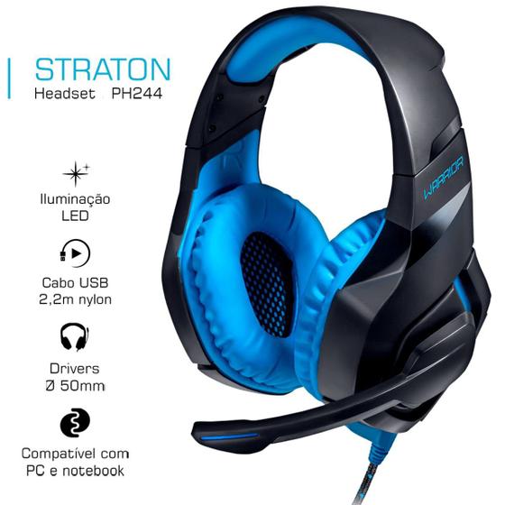 Imagem de Fone de Ouvido com Microfone Warrior Straton Multilaser PH244 Headset Gamer Conexão USB com LED Azul