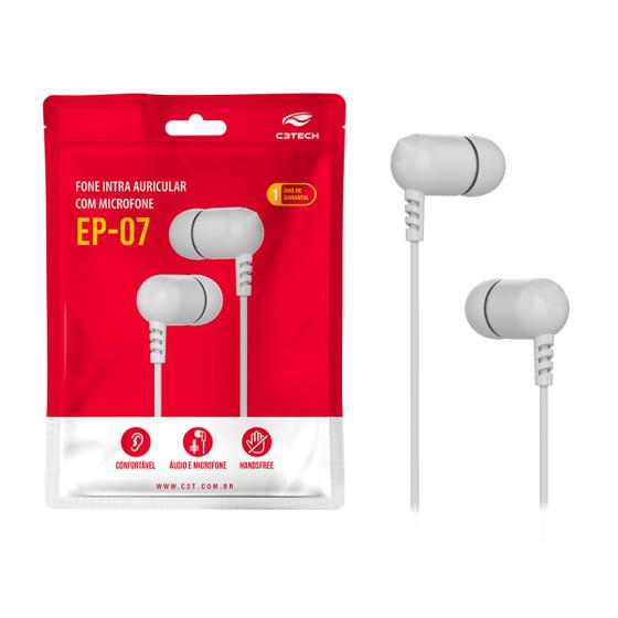 Imagem de Fone de Ouvido Estéreo C3Tech, Microfone Integrado, Intra Auricular, P2 3.5mm, Branco - EP-07WH