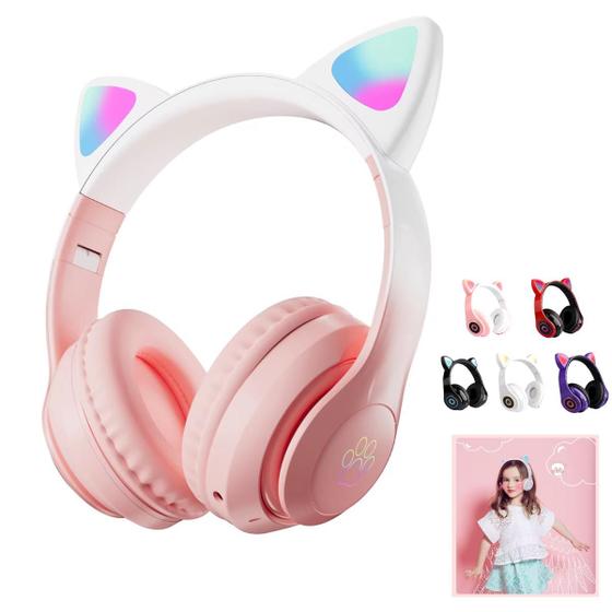 Imagem de Fone de Ouvido Gatinho Bluetooth Rosa LED para Meninas Infantil