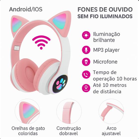 Imagem de Fone de Ouvido Rosa Bluetooth Infantil com Luz LED Colorida