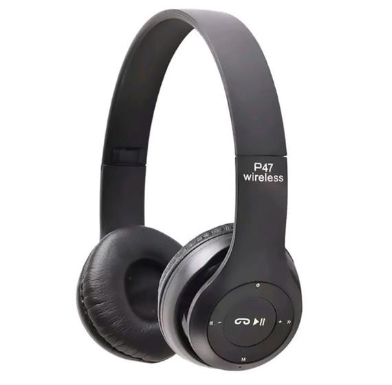 Imagem de Fone de Ouvido sem Fio Bluetooth Headphone P47 com Rádio FM e Cartão de Memória SD Equalizador TWS de Haste Ajustavél