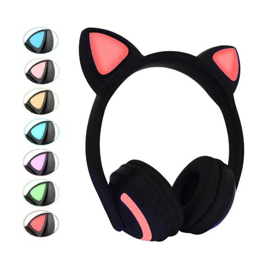 Imagem de Fone de Ouvido Sem Fio Orelhas de Gato com 7 Cores de LED Headset de Gatinho Bluetooth Preto com Rosa