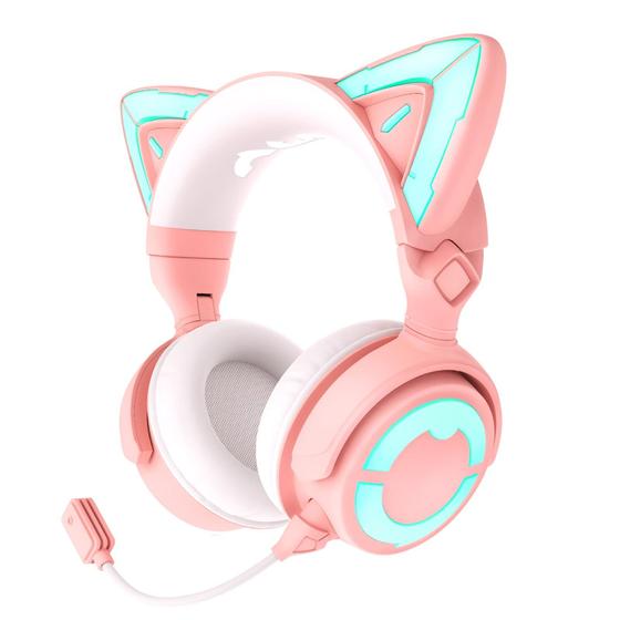 Imagem de Fone de Ouvido YOWU com LED RGB e Formato de Orelhas de Gato - Sem Fio e com Fio - Rosa