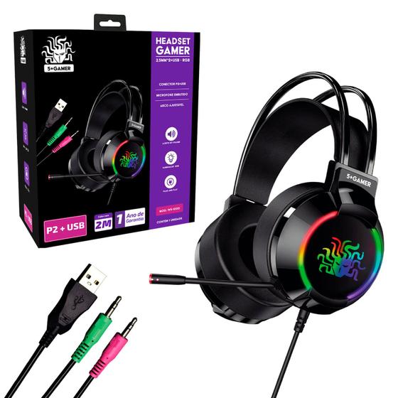 Imagem de Fone Gamer Headset Led Rgb Mic Usb + P2 Ajustável Cabo 2 Metros