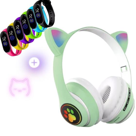 Imagem de Fone Orelha De Gato Headphone Gatinho Com Led Fone Bluetooth e Pulseira Led Digital