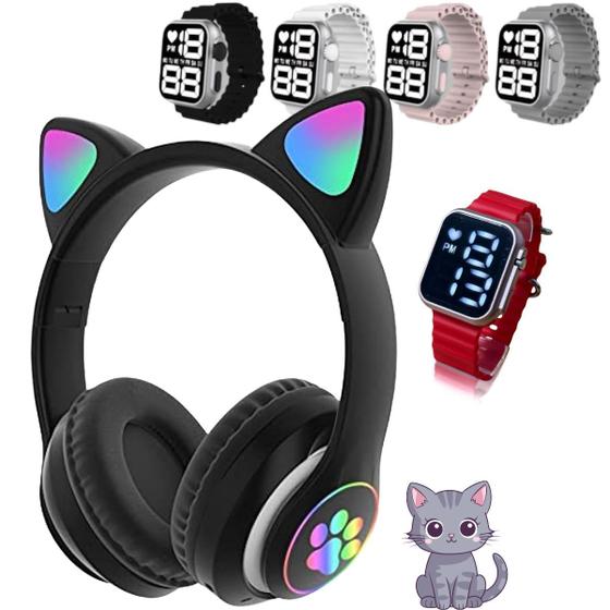 Imagem de Fone Orelha De Gato Headphone Gatinho Com Led Fone Bluetooth e pulseira led digital 