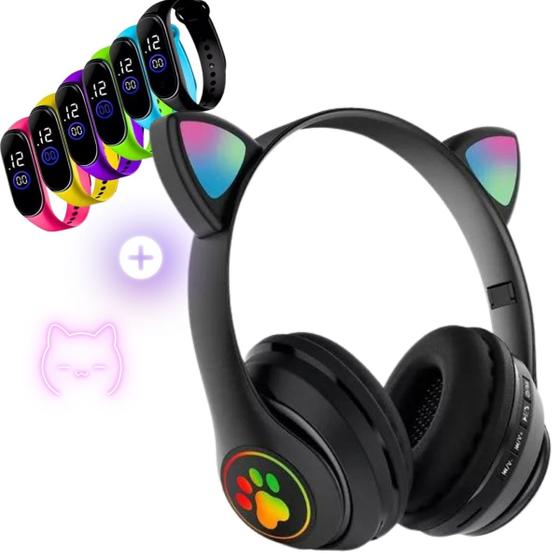 Imagem de Fone Ouvido Headphone Orelha Gato Bluetooth Infantil e Pulseira Led