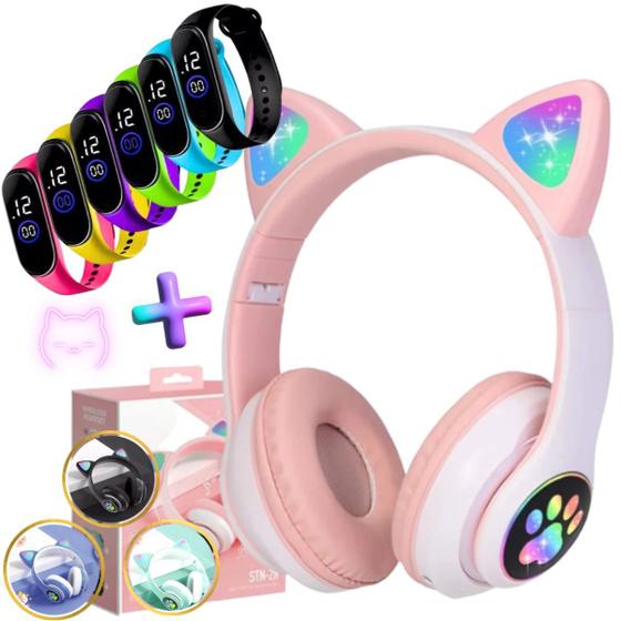 Imagem de Fone Ouvido Headphone Orelha Gato Bluetooth Infantil e Pulseira Led