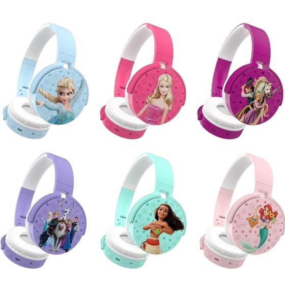 Imagem de Fone Ouvido Infantil Princesas Disney Barbie Frozen Moana Pequena Sereia Bluetooth Sem Fio Ajustável