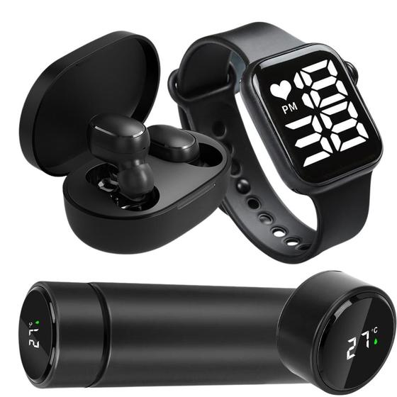 Imagem de Fone sem fio Bluetooth  Garrafa térmica led 500ml  relógio digital smart  Kit Esportes