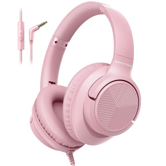 Imagem de Fones de ouvido com fio Botesty Sound com microfone sobre a orelha rosa