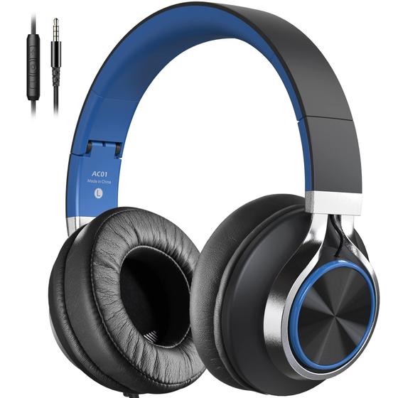 Imagem de Fones de Ouvido COOSII AC01 Over-Ear com Fio e Microfone - Preto e Azul