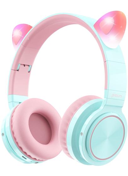 Imagem de Fones de Ouvido Infantis Bluetooth Picun com Orelhas de Gato - Volume Limitado a 85dB - Rosa e Roxo