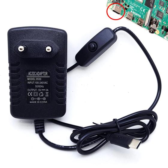 Imagem de Fonte 5v 3A USB-C 3.1 Conector Tipo C Para Rasp Pi 4 Botão Liga/Desligar - U1002