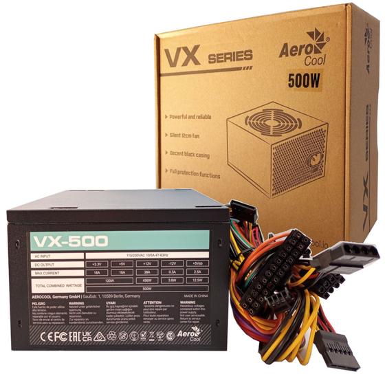 Imagem de Fonte Atx 500W Real Aerocool VX-500 Bivolt 100-200V Com Chaveamento Manual