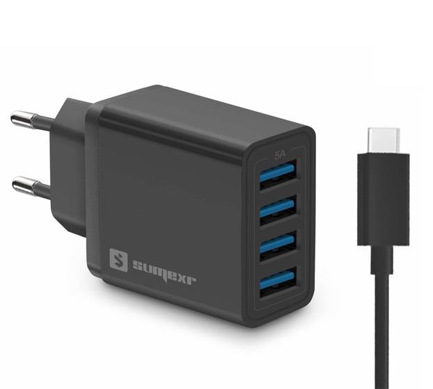 Imagem de Fonte Carregador Rápido 4 Entradas Usb 5a + Cabo Para Tipo C (USB-C)