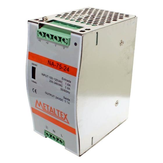 Imagem de Fonte Chaveada 24VCC  3,2A 110-220VCA Para Trilho DIN NA-75-24 Metaltex