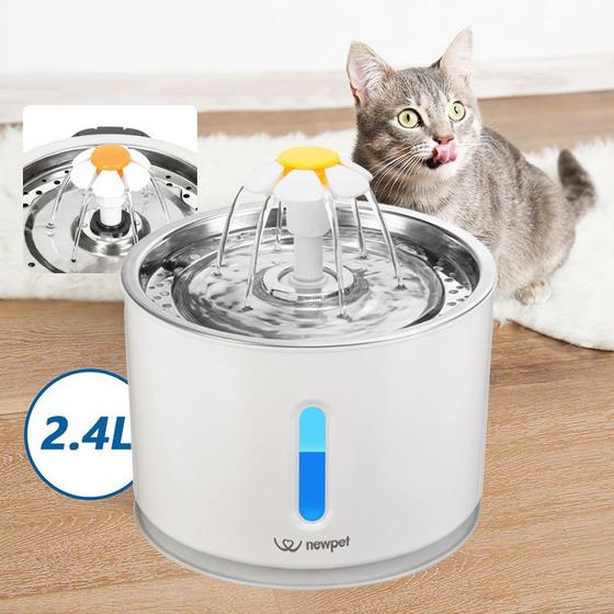 Imagem de Fonte de Agua P/ Gatos Bebedouro Com Filtro LED 2.4L Aço Inoxidável Gatos Cães Animais de Estimação