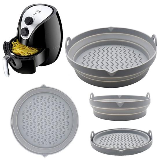 Imagem de Forma Bandeja Dobrável Silicone Reforçado Flexível Fritadeira Elétrica Air Fryer Reutilizável Antiaderente com Alça