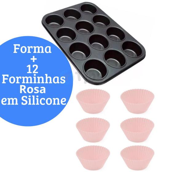 Imagem de Forma Cupcake Antiaderente + 12 Forminhas Silicone Kit Assadeira Teflon