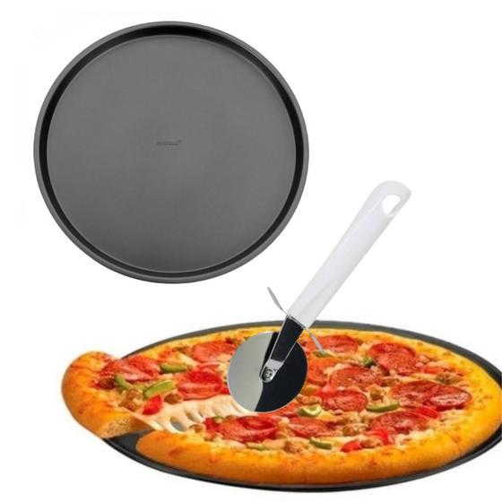 Imagem de Forma de Pizza Antiaderente Assadeira Bandeja + Cortador