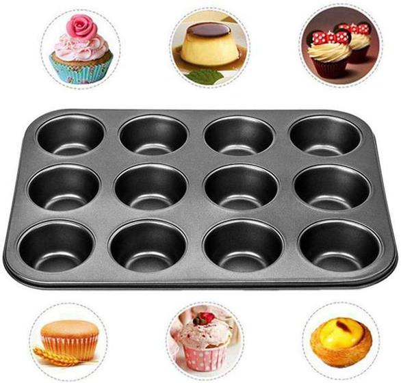 Imagem de Forma para 12 Cupcakes Em Aço Carbono com antiaderente 35 x 26 x 3 Cm