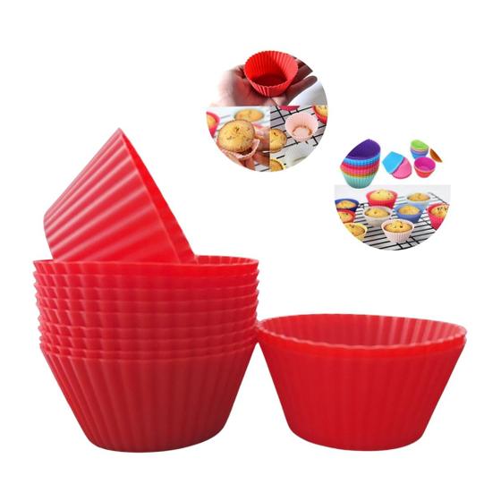 Imagem de Forminhas Forma Assadeira Para Cupcake Mini Bolo Muffins Bolinho De Silicone Vermelho Com 12 Peças