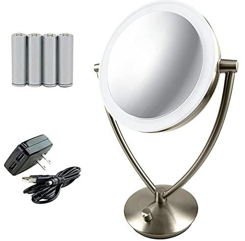 Imagem de Forno 7.5 "iluminado espelho de maquiagem de mesa, 1X & 10X Lupa, LED redondo de dupla face giratória ajustável, interruptor de dimmer, ideal para vaidade e banheiro, bateria alimentada por USB, níquel escovado MLT75BR1X10X