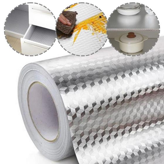 Imagem de Forro Protetor Adesivo para Cozinha Armários Gavetas Bancada Manta Alumínio Impermeável 5mx40cm