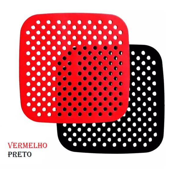Imagem de Forro Tapete em Silicone Para Air Fryer 20,5cm Fritadeira Elétrica QUADRADO Multiuso Universal Vermelho Preto