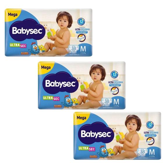 Imagem de Fralda BabySec - Galinha Pintadinha Ultra Mega 3 Pacotes 05 - 9,5 kg Tamanho M -  114 Unidades